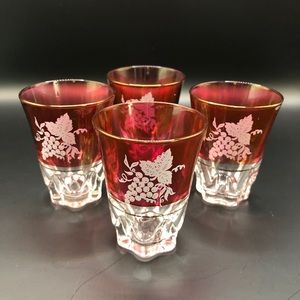 Vintage Set of 4 Cranberry Etched Grape Design Shot Glasses with Gold Trim